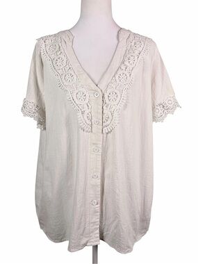 Just Fashion Now  White Lace Trim Button-Up Blouse Size L